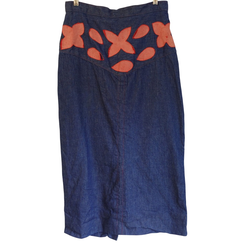 Vintage Handmade Denim Midi Skirt Abstract Floral Applique Retro 80s Western 8 - Picture 1 of 9
